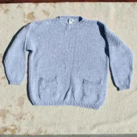 Tangiers Sweaters - VINTAGE TANGIERS Ski Sweater Boxy Knit Pocket Light Blue Metallic Women Small